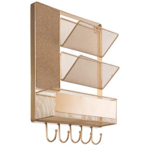 Gold Metal Mesh Mail Sorter with Storage Basket, Cork Board, and Key Hooks - MyGift