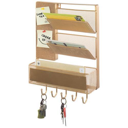 Gold Metal Mesh Mail Sorter with Storage Basket, Cork Board, and Key Hooks - MyGift