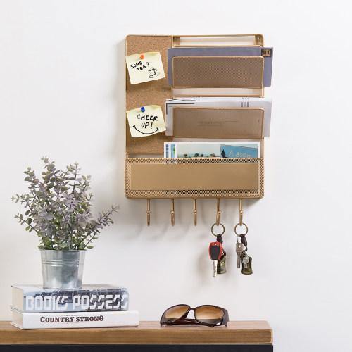 Gold Metal Mesh Mail Sorter with Storage Basket, Cork Board, and Key Hooks - MyGift