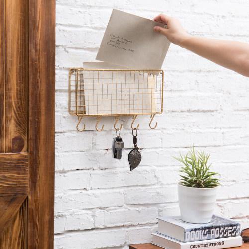 Gold Metal Wire Mail Sorter w/ 5 Removable Key Hooks - MyGift