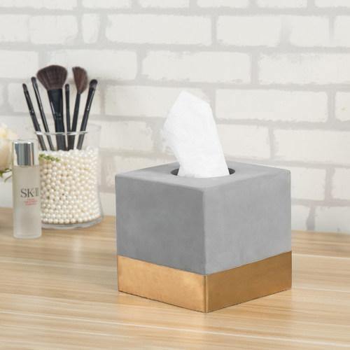 Gold-Tone & Gray Cement Tissue Box Cover, Square - MyGift