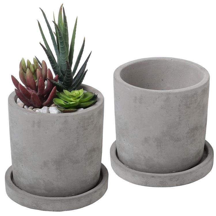 Modern 4-Inch Gray Unglazed Cement Planter Pots with Removable Saucers, Set of 2 - MyGift Enterprise LLC