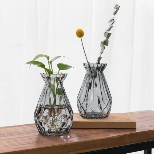 Gray Glass Diamond-Faceted Flower Vases, Set of 2 - MyGift