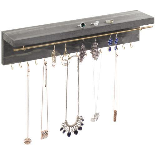 Gray Wood & Brass Metal Wall Mounted Jewelry Display Rack - MyGift