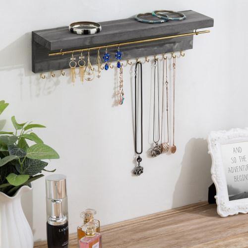 Gray Wood & Brass Metal Wall Mounted Jewelry Display Rack - MyGift
