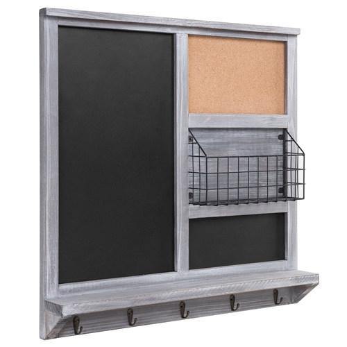 Gray Wood Chalkboard/Cork Board with Mail Basket, Shelf, and 5 Key Hooks - MyGift