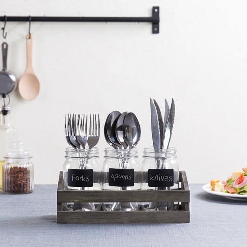 Gray Wood Utensil Organizer with 3 Mason Jars & Chalkboard Labels - MyGift