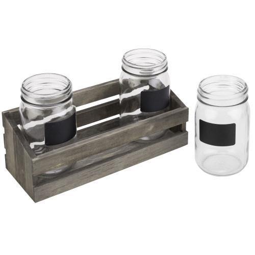 Gray Wood Utensil Organizer with 3 Mason Jars & Chalkboard Labels - MyGift