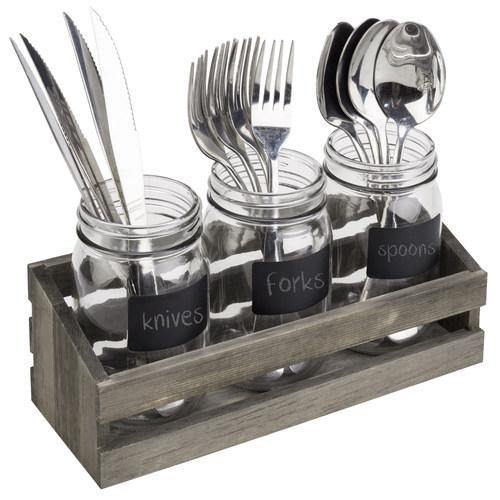 Gray Wood Utensil Organizer with 3 Mason Jars & Chalkboard Labels - MyGift