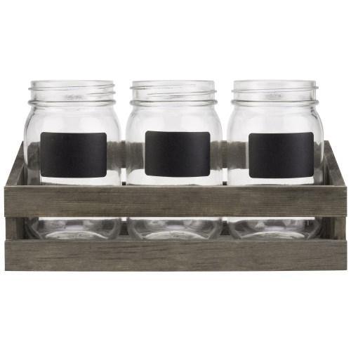 Gray Wood Utensil Organizer with 3 Mason Jars & Chalkboard Labels - MyGift