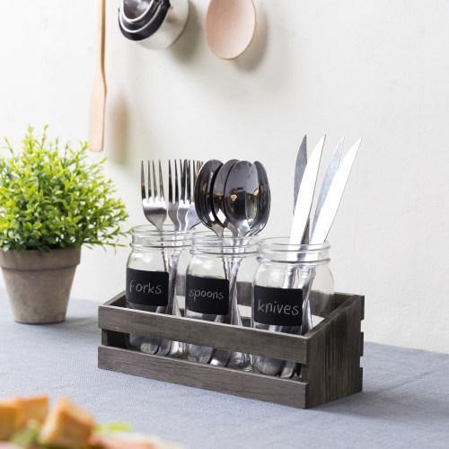 Gray Wood Utensil Organizer with 3 Mason Jars & Chalkboard Labels - MyGift