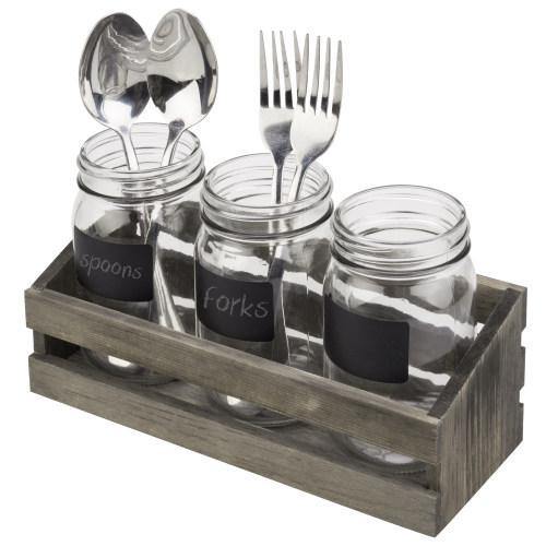 Gray Wood Utensil Organizer with 3 Mason Jars & Chalkboard Labels - MyGift