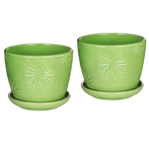 Green Daisy Design Ceramic Planter Pots w/Attached Saucers, - MyGift