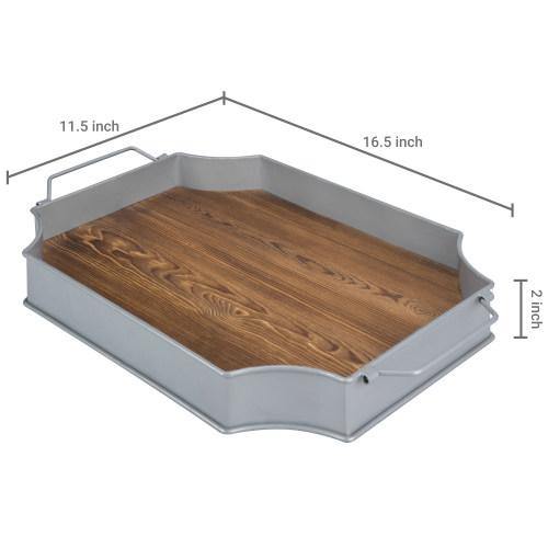 Grey Metal & Burnt Brown Wood Serving Tray - MyGift