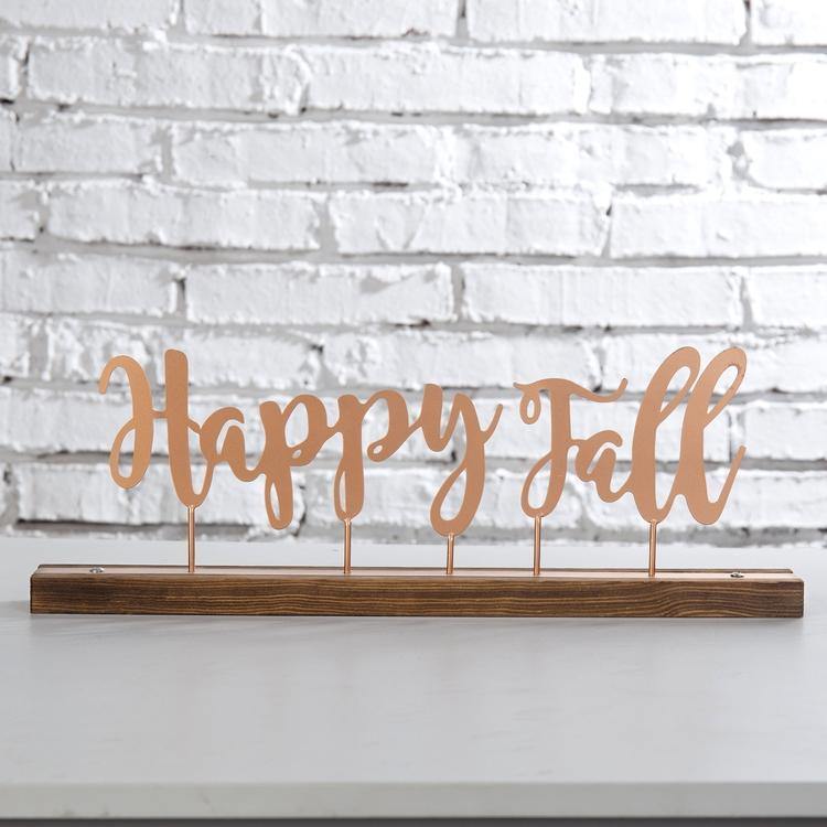"Happy Fall" Copper-Tone Metal & Rustic Burnt Wood Decorative Mantel Sign - MyGift