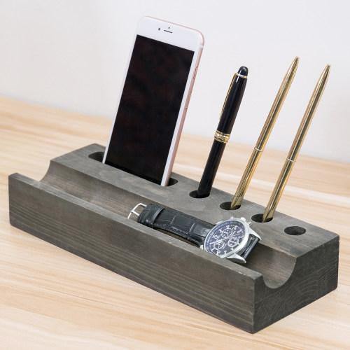 Vintage Gray Wood Office Organizer with Smartphone Holder - MyGift