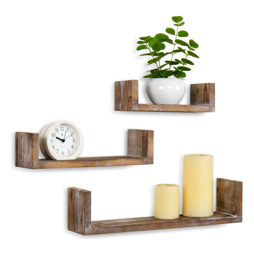 Wall Mounted Wood U-Shaped Floating Shelves, Set of 3, Brown-MyGift