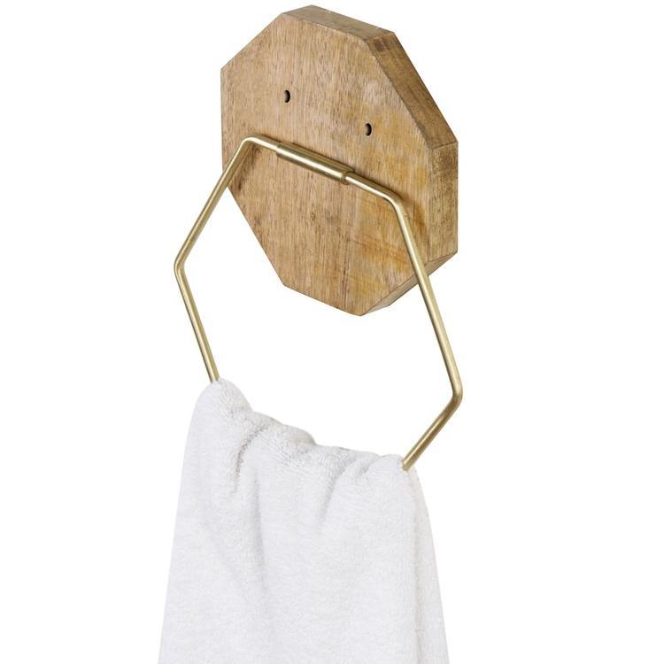 Hexagon Brass Tone Metal Towel Ring with Mango Wood - MyGift