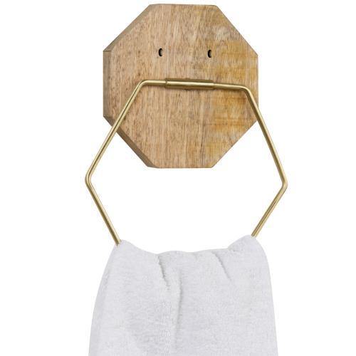 Hexagon Brass Tone Metal Towel Ring with Mango Wood - MyGift