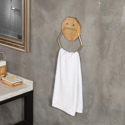 Hexagon Brass Tone Metal Towel Ring with Mango Wood - MyGift
