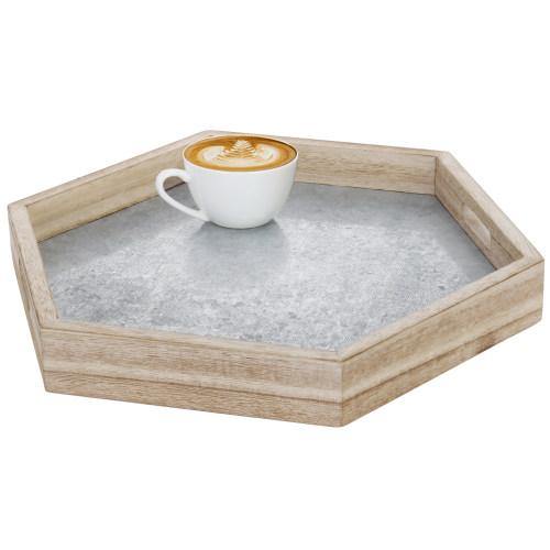 Hexagonal Galvanized Metal and Natural Wood Serving Tray - MyGift