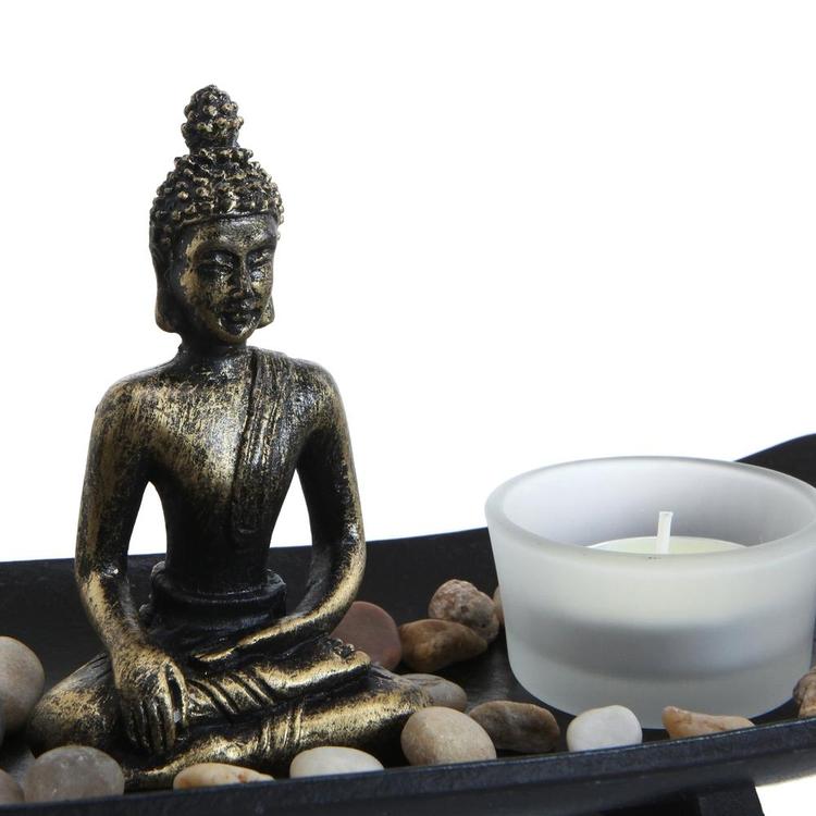 Zen Garden Buddha Statue w/ Glass Tealight Candle & Incense Burner Holder, Black - MyGift Enterprise LLC