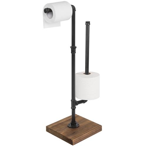 Gray Wood and Industrial Metal Pipe Freestanding Toilet Paper Roll Holder  Stand with Reserve Storage and Top Shelf Tray