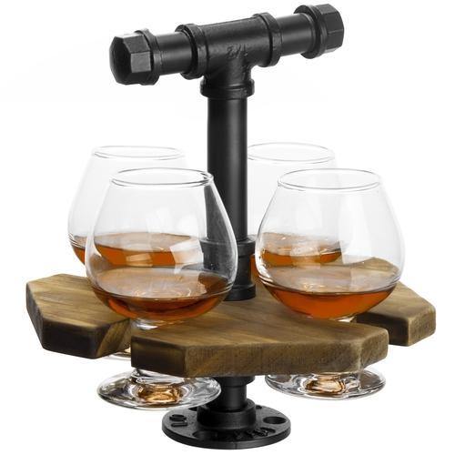 Industrial Pipe & Burnt Wood Beer/Whiskey Flight Set with 4 Glasses - MyGift
