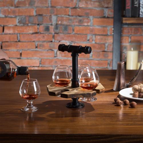 Industrial Pipe & Burnt Wood Beer/Whiskey Flight Set with 4 Glasses - MyGift