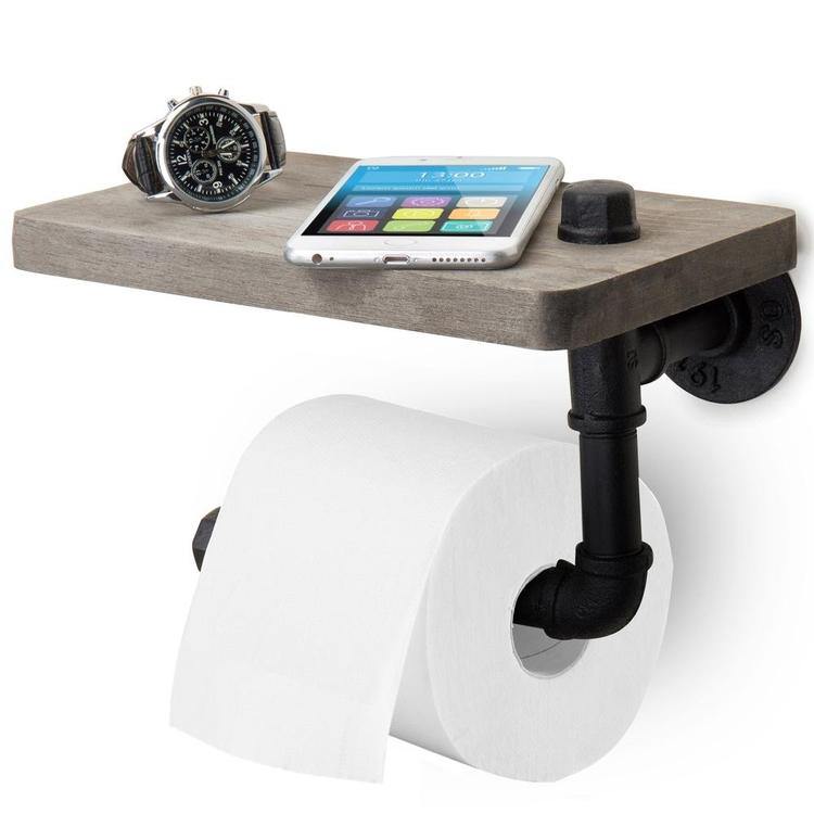 Industrial Pipe Design Toilet Paper Holder with Shelf, Grey Wood - MyGift