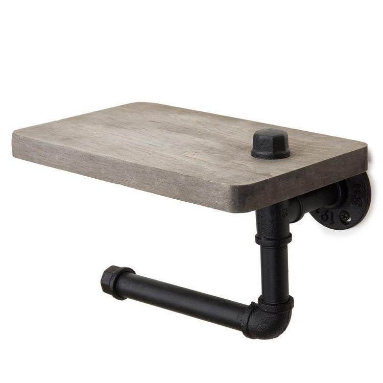 Industrial Pipe Design Toilet Paper Holder with Shelf, Grey Wood - MyGift