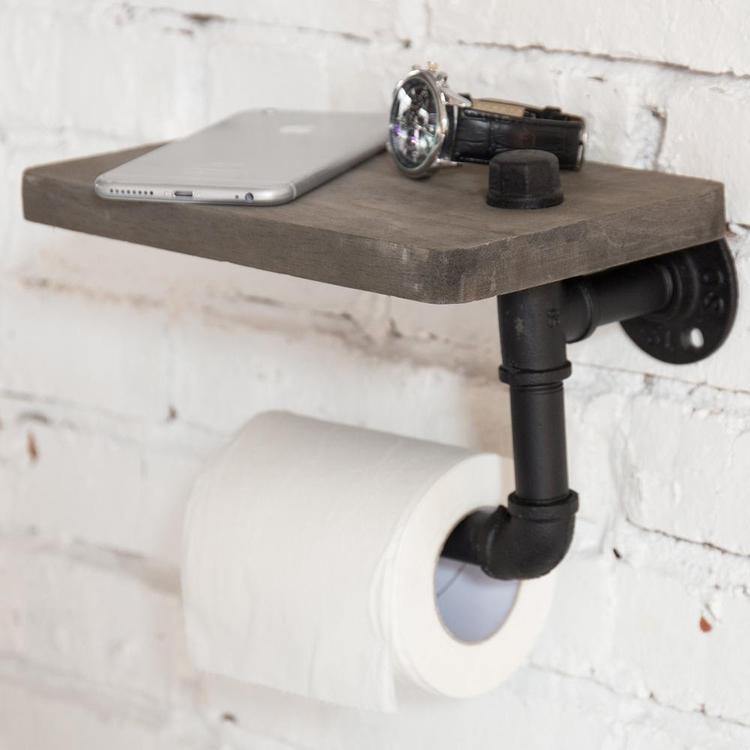 Industrial Pipe Design Toilet Paper Holder with Shelf, Grey Wood - MyGift