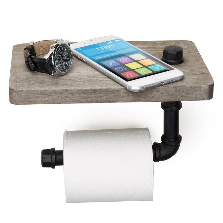 Industrial Pipe Design Toilet Paper Holder with Shelf, Grey Wood - MyGift