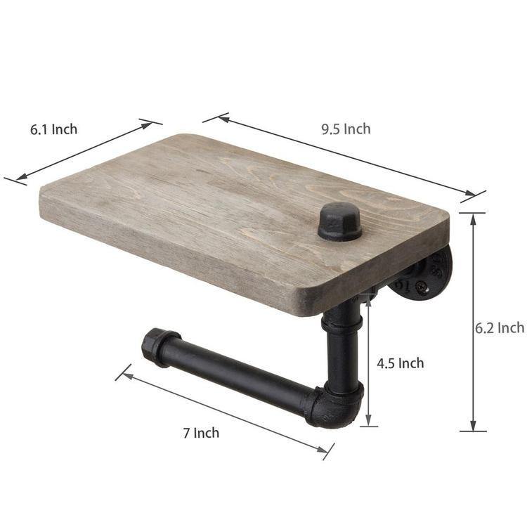 Industrial Pipe Design Toilet Paper Holder with Shelf, Grey Wood - MyGift