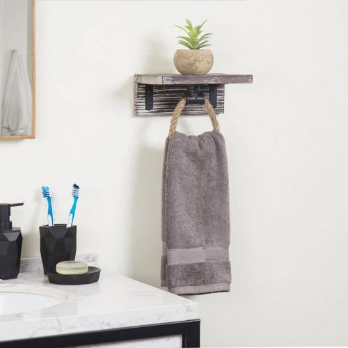 Industrial Pipe & Rope Towel Ring with Torched Wood Shelf - MyGift