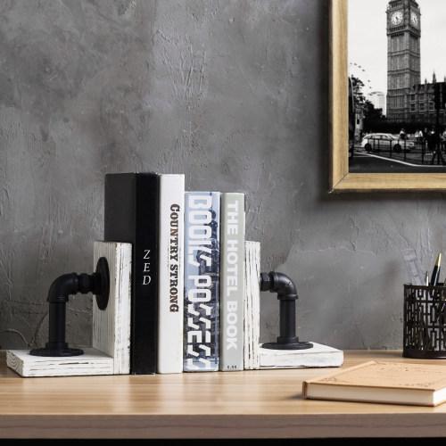 Industrial Pipe & Whitewashed Wood Bookends