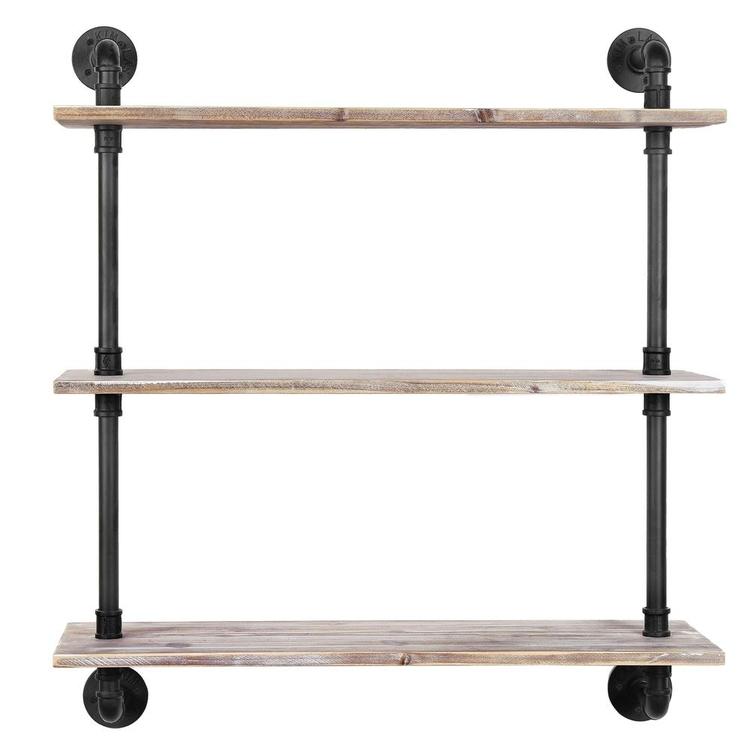 3-Shelf Industrial Style Pipe & Rustic Wood Wall Mounted Shelving Unit - MyGift Enterprise LLC