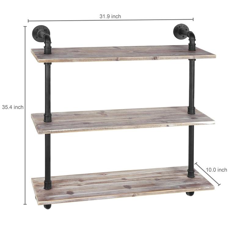 3-Shelf Industrial Style Pipe & Rustic Wood Wall Mounted Shelving Unit - MyGift Enterprise LLC