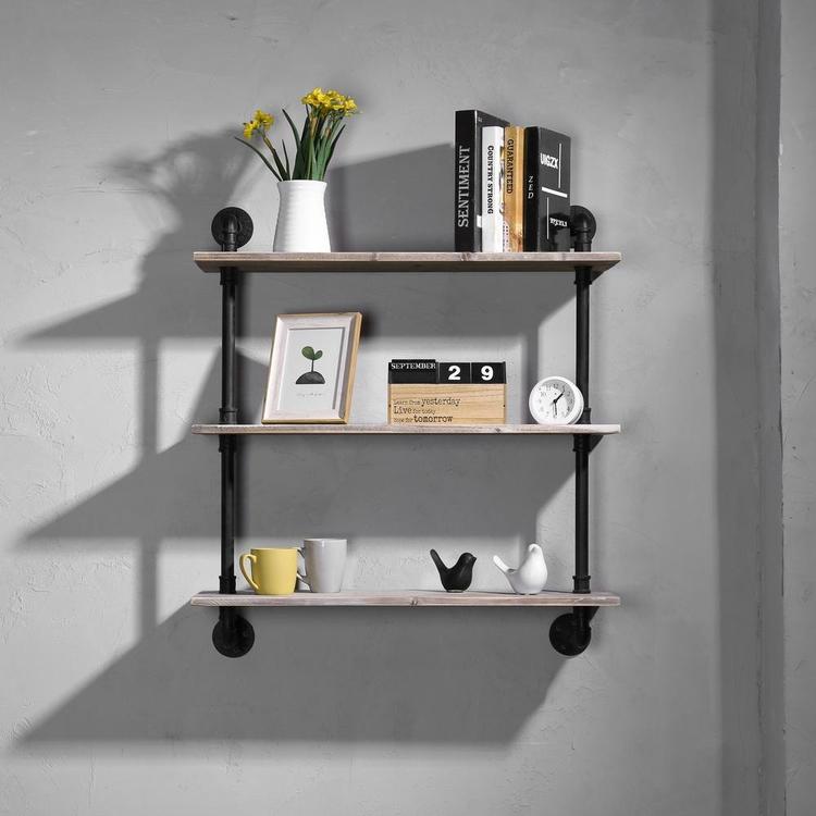 3-Shelf Industrial Style Pipe & Rustic Wood Wall Mounted Shelving Unit - MyGift Enterprise LLC