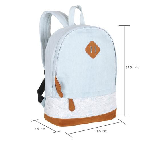 Light Blue Denim Backpack with Lace & Faux Suede