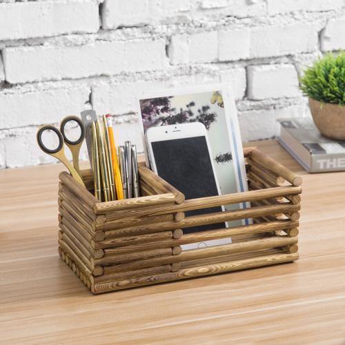 Log Style Burnt Wood Remote Control/Office Supply Organizer - MyGift