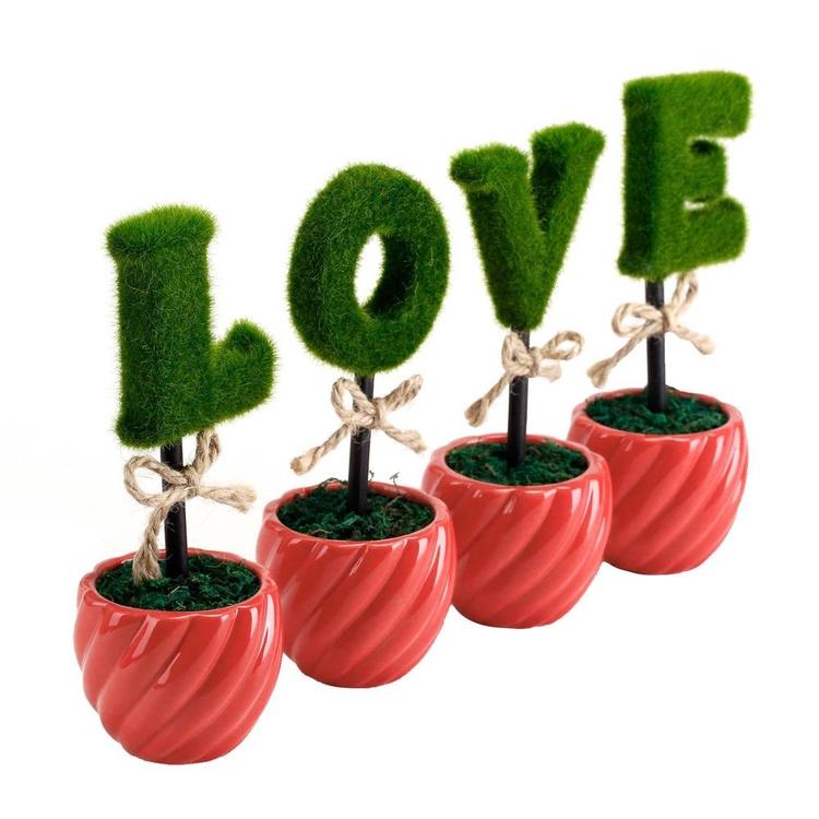LOVE Artificial Sculpted Topiary Hedge Letters with Red Ceramic Pots - MyGift Enterprise LLC