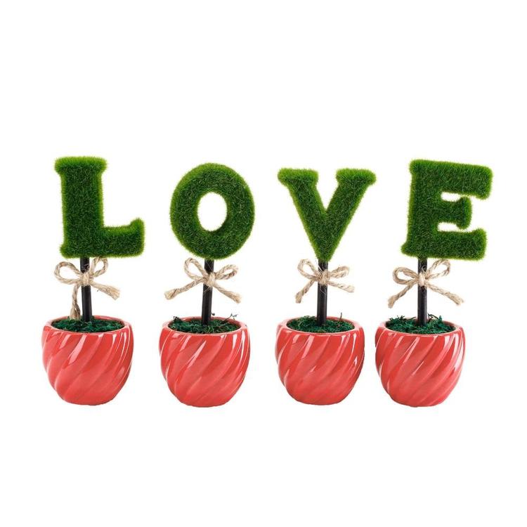 LOVE Artificial Sculpted Topiary Hedge Letters with Red Ceramic Pots - MyGift Enterprise LLC