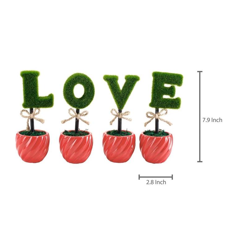 LOVE Artificial Sculpted Topiary Hedge Letters with Red Ceramic Pots - MyGift Enterprise LLC