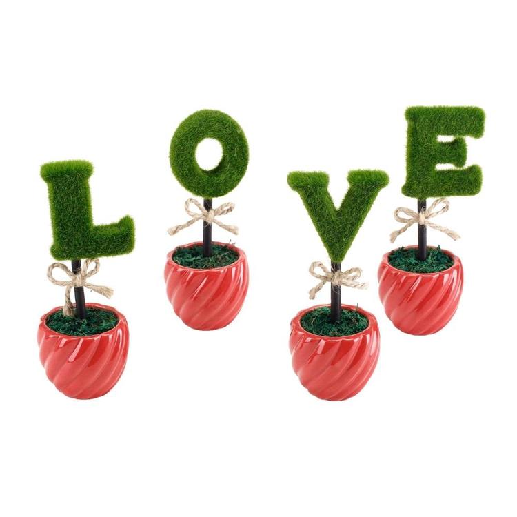 LOVE Artificial Sculpted Topiary Hedge Letters with Red Ceramic Pots - MyGift Enterprise LLC