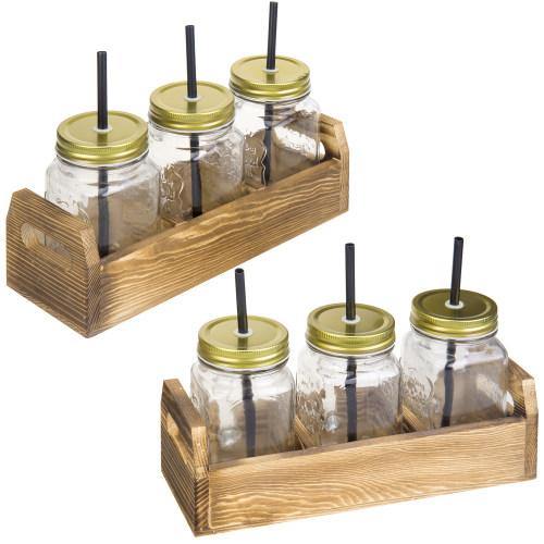 Mason Jar Mugs with Handles and Burnt Wood Serving Tray, Set of 2 - MyGift