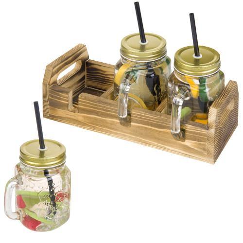 Mason Jar Mugs with Handles and Burnt Wood Serving Tray, Set of 2 - MyGift