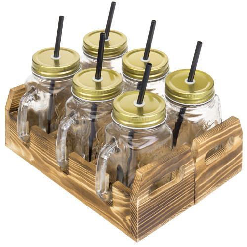 Mason Jar Mugs with Handles and Burnt Wood Serving Tray, Set of 2 - MyGift