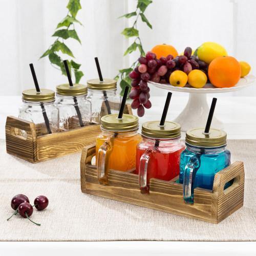 Mason Jar Mugs with Handles and Burnt Wood Serving Tray, Set of 2 - MyGift