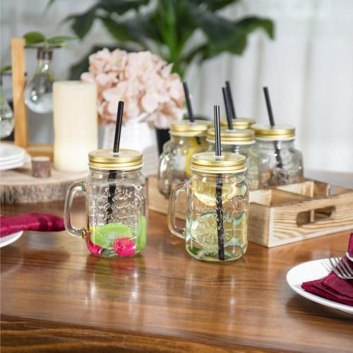 Mason Jar Mugs with Handle and Straws Drinking Glass Kitchen Tools Serving  Set 6